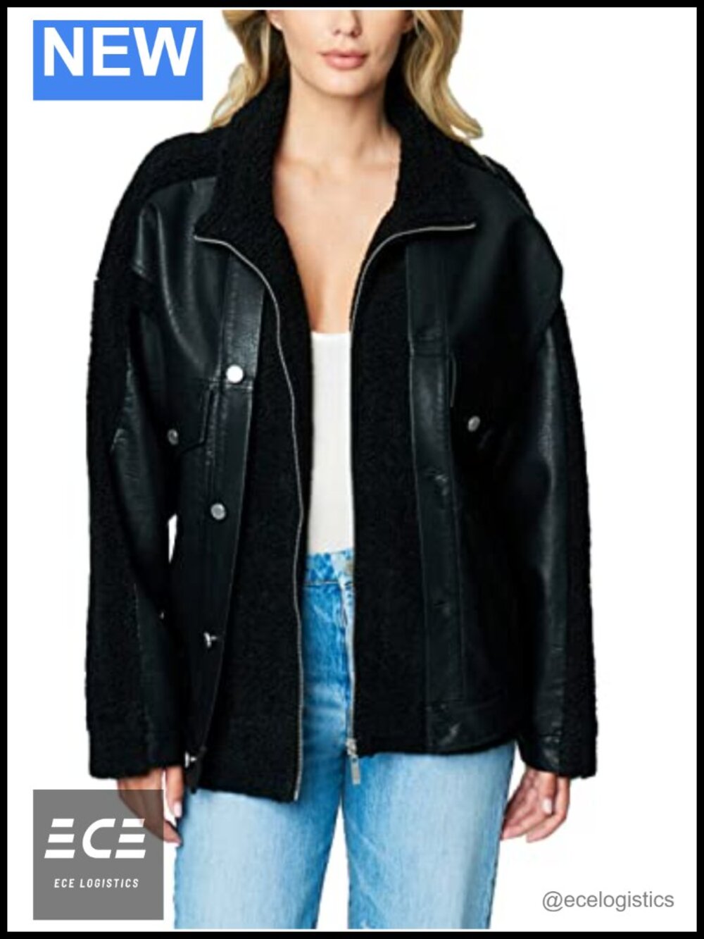 Faux Leather Sherpa Trucker Jacket Point Collar Zip Fall